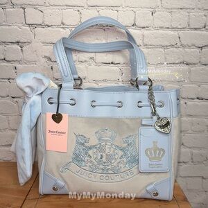 Juicy Couture Classic Scottie Dogs Daydreamer Tote Bag Purse Dove Grey Blue